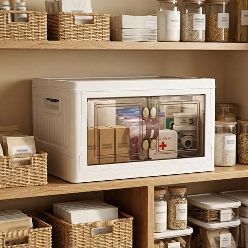 MOONEDGE 35QT Plastic Stackable Storage Bins with Lids, Collapsible Organizer with Magnetic Doors & Hidden Locking Handles, Storage Cabinet for Pet, Closet, Living Room, Pantry & Office Organization - Image 1