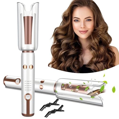 JINRI Automatic Rotating Curling Iron-Beach Waves Curling Wand, Pumped-Up Volume, Portable Hair Curler, 500 Million Ionic, Dual Voltage & Lightweight for Travel, Ceramic Coating, 1 Inch, White - Image 1
