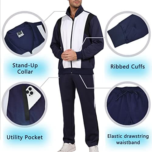 Sun Lorence Track Suits for Men Set 2 Piece Full Zip Sports Mens Sweatsuit Sets Jogging Suits Set Navy Blue Small - Thumbnail 4