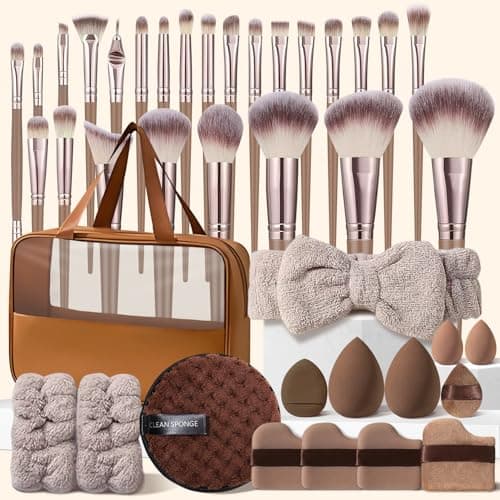 HGHDBT 40Pcs Brown Makeup Brushes Set Professional with Case Premium Synthetic for Blush Foundation Eye Shadow Concealer Powder Eye & Face Make up Brush Kit with Beauty Blender Sponge Set Tools - Image 1