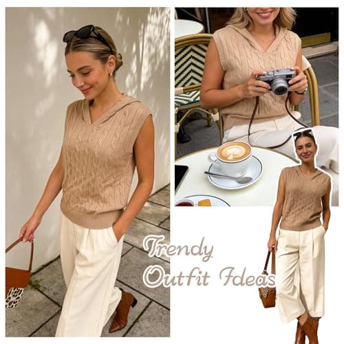 Truwelby Women’s Sweater Vest Sleeveless Cable Hoodies Casual Knit Sweater Solid Lightweight Pullover Summer Hooded Tank Tops (Khaki, S) - Thumbnail 6
