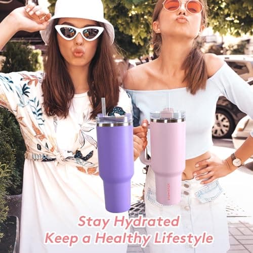 XTUSIMPLE 40oz Insulated Tumbler with Handle and Straw Lid, Stainless Steel Travel Mug - 12H Hot & 48H Cold, Fit in Cup Holder, for Travel, Gym, Office, Car, Outdoors - Gifts for Women and Men (Pink) - Thumbnail 5