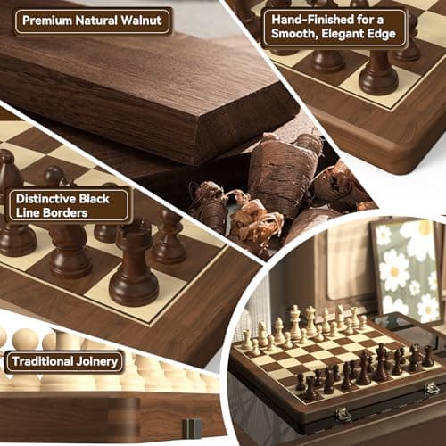Premium Natural Walnut 15" Magnetic Wooden Folding Chess & Checkers Set- 2 in 1 Board Game with 3" King Staunton Pieces and 2 Extra Queens, Checkers, and Dust-Proof Storage Bag (Red) - Thumbnail 5