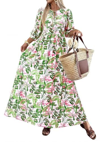 KIRUNDO Women Summer Beach Vacation Wedding Guest Dresses 2026 Spring Boho Floral 3/4 Sleeve Loose Cruise Flowy Maxi Dress(Green, Large) - Image 1