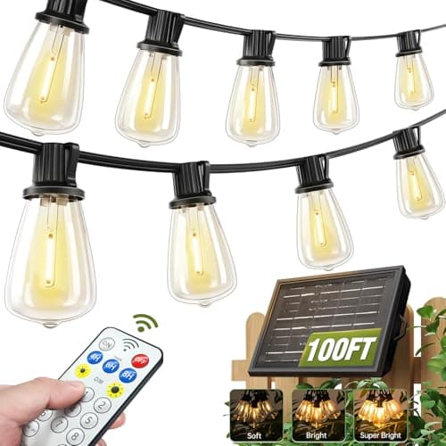 Skoiuc 100FT Solar String Lights Outdoor Waterproof with Remote & Timer, LED Shatterproof ST38 Bulbs, USB & Solar Powered Patio Lights for Backyard, Porch, Garden, Wedding, Christmas Decor - Image 1