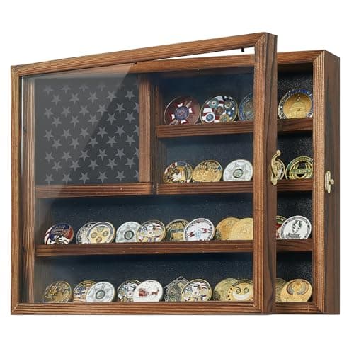 Challenge Coin Display Case, 15.7" x 12.4" Lockable Military Coin Holder Cabinet with Removable Star Board, Solid Wood Coins Cases for Collectors Plexiglass Coins Rack Stand - Image 1