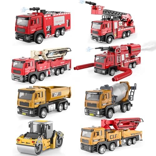 ADTHLIER 1:50 Die-Cast 8-Pack Vehicle Set, Fire Rescue Construction Trucks with Lights and Sounds, Includes 4 fire Trucks and 4 Engineering Vehicles. for Kids 3-9