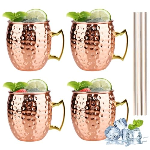 TJ Moscow Mule Mugs Set of 4, Rose Hammered Mule Cup 17 oz, Stainless Steel Lining Brass Handles Mug Set, Copper Mugs, Mule Mugs, Moscow Mule Kit Gift for Cold Drinks Cocktail Beer Wine Party Bar - Image 1