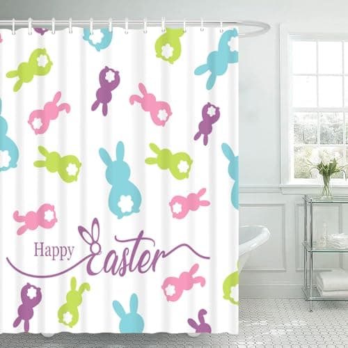 Lofaris Spring Easter Shower Curtain Happy Easter Peeps Curtain for Home Bathroom Decor Colorful Bunny Rabbits Fabric Waterproof Washable Bathtubs Shower Curtains with 12 Hooks 72x72 in - Image 1