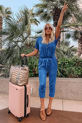 PRETTYGARDEN Jumpsuits for Women 2025 Spring Summer Casual Dressy Short Sleeve Romper Airport Vacation Travel Outfits (Grey Blue,Medium) - Thumbnail 5