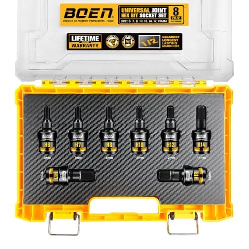 BOEN 1/2" Drive Impact Hex Bit Set, 8-Pieces Universal Metric Size (6, 7, 8, 10, 12, 14, 17, 19mm), Swivel Allen Bit Socket Set, Embossed and Painted Marking, CR-MO Steel - Image 1