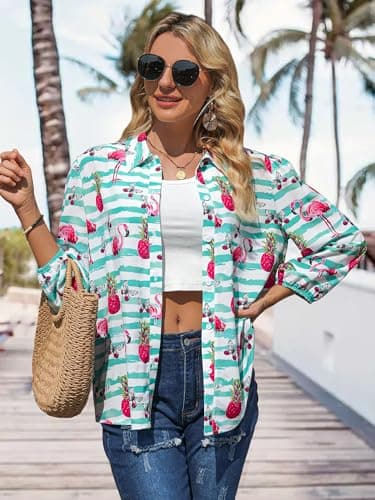ZXZY Women Pineapple Printed Lapel Collar Half Sleeves Buttons Down Blouse Shirt - Thumbnail 4