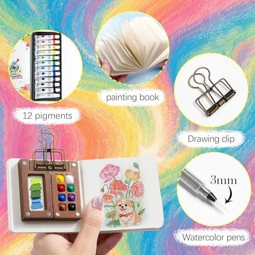 YAKUNCL 12-Color Mini Watercolor Travel Set with Wooden Sketchbook Kit - Portable Watercolor Painting Set Including Water Brush Pen, Sketch Pad & Copper Clip for Artists, Students & Painters - Thumbnail 2