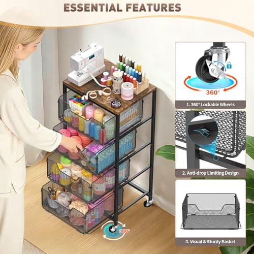 SUNALLY Rolling Cart with Drawers, 4-Tier Utility Cart Snack Storage Organizer with Lockable Wheels, Metal Kitchen Storage Cart with Wooden Top for Craft, Bathroom, School, Office, Bedroom, Black - Thumbnail 5