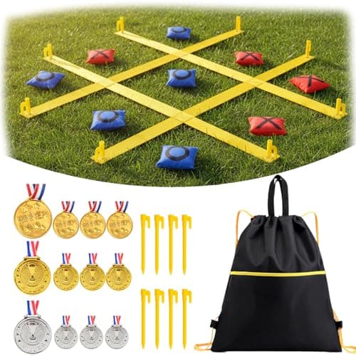 Giant Outdoor Tic Tac Toe Game 4ft x 4ft – Bean Bag Toss Set with 12 Award Medals, Stakes & Carry Bag – XL Lawn Yard Games for Kids Adults, Backyard Field Day Carnival & Family Party - Image 1