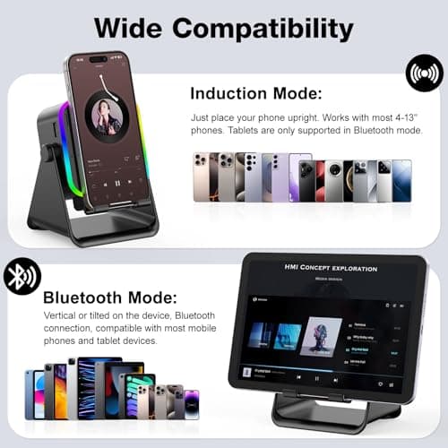 Wireless Induction Portable Bluetooth Speaker - 5 in1 Bluetooth Speaker Phone Stand with Colorful Ambient Light 360° Rotation Compatible with Most Phones - Unique Birthday Gift for Men Women Adults - Thumbnail 2