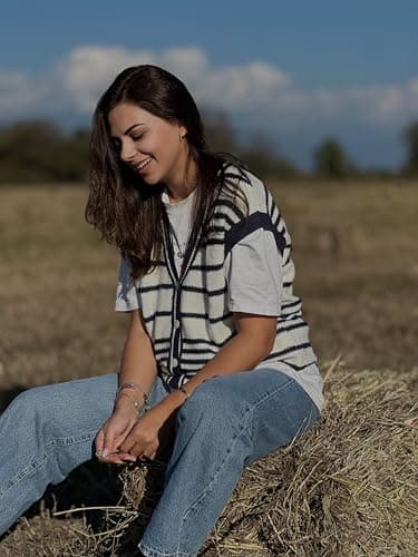 Dokotoo Womens Vest Striped V Neck Button Vest for Women Going Out Tops Sweater Vest Knit Cardigan Sweaters for Women Blue XX Large - Thumbnail 4