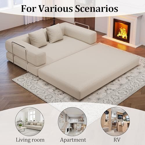 BSHOMGI 4-in-1 Foldable Sofa Bed Teddy Fabric Foam-Filled Compressed Couch, Convertible Loveseat Sofa, Boneless FoldingSleeper for Living Room, Guest Bed, Playroom (Beige, 59” 2 Seat) - Thumbnail 5