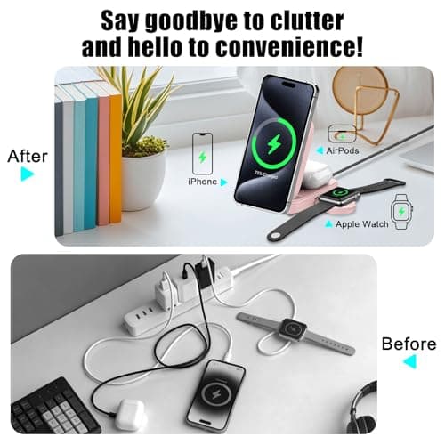 2B2C 3 in 1 MagSafe Wireless Charging Station, 15W Magnetic Fast Charger for iPhone 17/16/15/14/13/12 Series, Apple Watch & AirPods, Foldable Portable Charging Stand for Desk, Bedside & Travel, Pink - Thumbnail 4