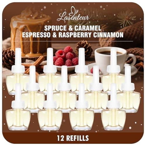 Plug In Air Freshener Refills 12 Pack – Spruce, Caramel, Espresso & Raspberry Cinnamon Scents – Adjustable Fragrance for Home & Bathrooms – Compatible with Air Wick & Glade, Not Include Glade Plus