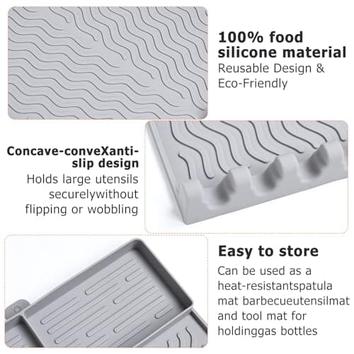 Full-Size Silicone Griddle Mat for Flat Top Grills, Heat Resistant Spatula Holder with Grease Drip Pan, Outdoor Cooking Counter Protector, Gray - Thumbnail 6