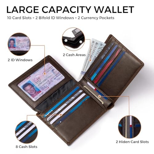 RUNBOX Leather Wallet for Men, Genuine Leather Mens Wallet Bifold Rfid Blocking with 12 Cards and 2 ID Windows, Minimalist Wallet for Men with Gift Box - Thumbnail 3