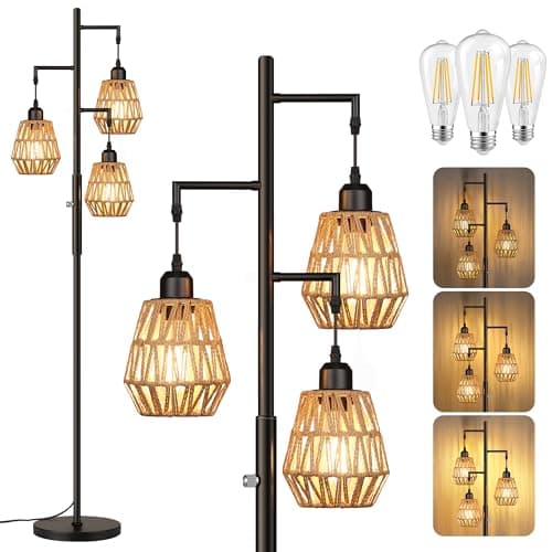 QiMH Farmhouse Floor Lamps for Living Room, Industrial Standing Lamp with 3-Lights Boho Rattan Shades, 68" Modern Rustic Tree Tall Lamps for Bedroom Office, Rotary Switch, 3 LED Bulbs Included - Image 1