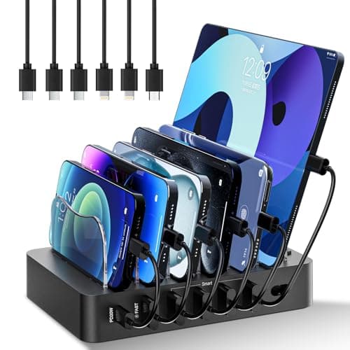 Charging Station for Multiple Devices 68W 6 Port Phone Charger Dock with 6 Cables, 20W Black Fast Charging Station Compatible with Apple Cellphone iPad iPhone Tablet(Black) - Image 1