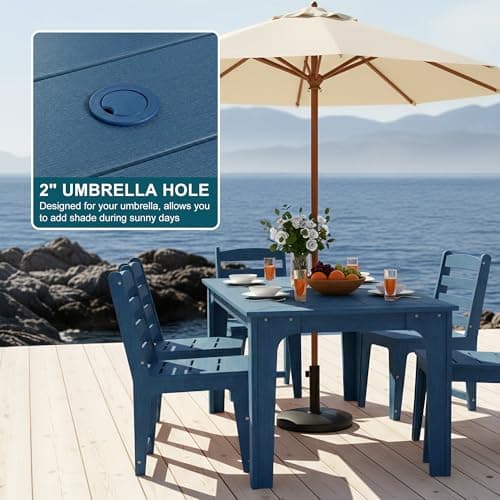 ACUEL HDPE Patio Dining Set for 6, Weather-Resistant Outdoor Table with Umbrella Hole, Never Sagging One-Piece Tabletop with Metal Support Bars for Poolside Backyard Garden (Blue) - Thumbnail 3