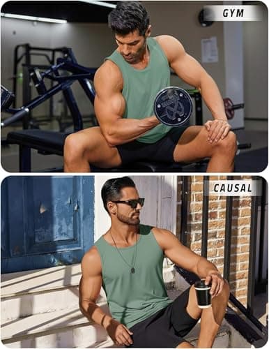 PINSPARK Mens Sleeveless Shirts Athletic Tank Tops Casual Sports Vest Quick Dry Breathable Workout Gym Summer Lightweight Grey Green - Thumbnail 6