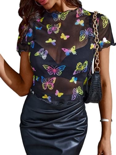 MakeMeChic Women's Mesh Butterfly Crop Top Lettuce Trim Short Sleeve T Shirt Black X-Large - Image 1