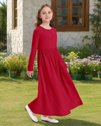 Stelle Girls Maxi Dress Long Sleeve Crew Neck Casual Dresses Fall Flowy Dress with Pockets Party Holiday Outfits Red - Thumbnail 3