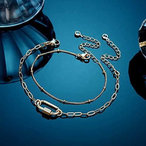 Dainty Gold Layered Bracelets for Women, 14K Gold Plated Layering Paperclip Link Chain Bracelets Personalized Oval Screw Clasp Charm Bracelets Layered Gold Bracelets for Women Jewelry（Bead Chain&Oval） - Thumbnail 5