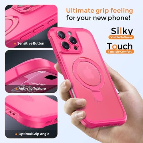 MOCCA Design for iPhone 16 Pro Max Case with Magnetic Invisible Stand [Full Camera Protection] [Compatible with Magsafe] Military Drop Shockproof Translucent Matte Phone Case Cover 6.9",Hot Pink - Thumbnail 6