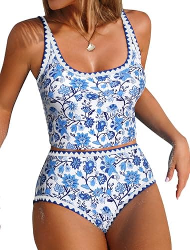 ZAFUL Tankini Swimsuit Tummy Control Bathing Suits Two Piece Swim Top with High Waisted Bottom Shell Stitch Swim Suits 2025 Blue Floral XXL