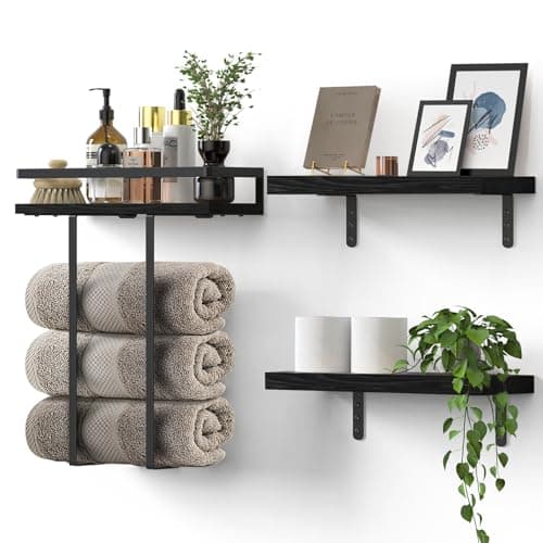 Towel Racks for Bathroom-Wall Mounted Floating Shelves for Wall Bathroom Bedroom Kitchen Living Room, Hanging Book Shelves Decor Bathroom Organizer, 16 inch Solid Wood, (Black, Set of 3, 16in) - Image 1