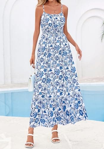BTFBM Summer Dresses for Women 2026 Sleeveless Spaghetti Strap High Waist Boho Beach Vacation Clothes Spring Maxi Dress(Floral White Blue, X-Large) - Thumbnail 2