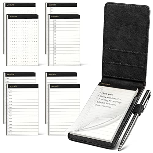 WEMATE 10 Pieces Small Notepad Holder Set Pocket Notebook - Included Mini Pocket Notepad Holder Set with 8 Memo Book Refills and Metal Pen for Meetings, Daily Records, and Notes 3 x 5 Inch (Black)