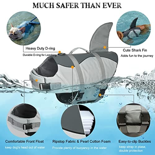 Dogcheer Dog Life Jacket Shark, Adjustable Dog Swim Life Vest for Swimming Boating with Superior Buoyancy & Rescue Handle, Ripstop Pet Flotation Vest for Small Medium Large Dogs - Grey, L - Thumbnail 4