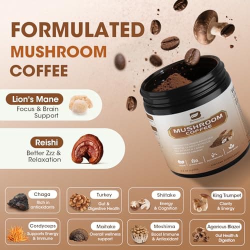 B BEWORTHS Mushroom Coffee Powder with MCT Oil - 10 Mushrooms Lion's Mane, Turkey Tail, Reishi, Cordyceps & Chaga - Arabica Instant Mushroom Coffee for Focus, Immune, Gut & Brain Health | Vegan, Keto - Thumbnail 3