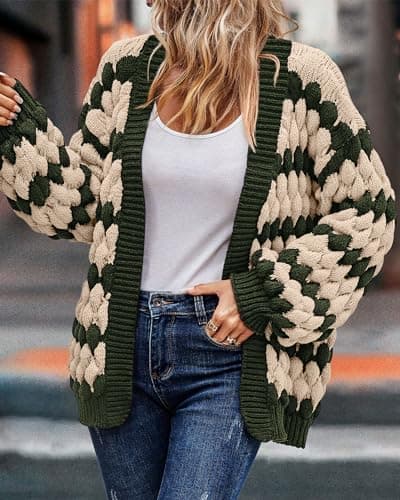 KIRUNDO Women Cardigan Oversized Puff Sleeve Open Front Striped Color Block Cable Knitted Cardigans Fashion Chunky Winter Sweater Coats Fall Clothes 2026(Army Green, Medium) - Thumbnail 6