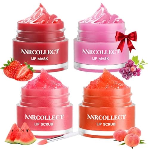 ANRCOLLECT Lip Scrub & Lip Mask - Overnight Treatment Lip Care Kits with 2 Lip Exfoliator & 2 Sleeping Lip Balm, Intense Hydration Lip Set for Dry Chapped Cracked Lips, Exfoliate & Moisturize (4 Pack) - Image 1