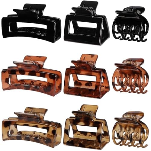 CHANDAT Medium Claw Hair Clips Set for Women - 3 Styles, 9PCS Rectangle Hair Clips for Thick Hair, Square Clips for Thin Hair - Leopard