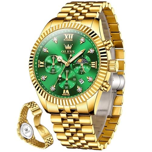 OLEVS Gold Watches for Men Luxury Dress Green Big Face Stainless Steel Analog Quartz Mens Watch Wrist Waterproof Fashion Chronograph Moon Phase Luminous Mens Watches Relojes para Hombres
