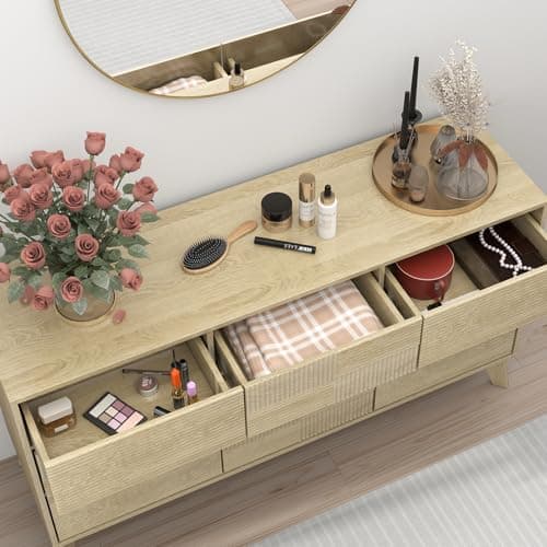 Hadulcet Wooden Dresser for Bedroom, Mid Century Modern 55” Wide Fluted 9 Drawers Dresser Storage Clothes for Closet Organizer, Handleless Design, Push to Open, Natural Oak - Thumbnail 6