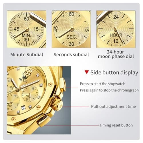 OLEVS Gold Watches for Men Luxury Stainless Steel Dress Large Face Wrist Waterproof Quartz Analog Mens Watch Chronograph Octagonal Dial Luminous Watches for Men Relojes para Hombres - Thumbnail 5