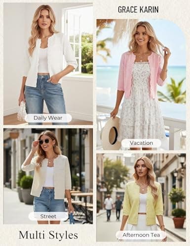 GRACE KARIN Womens Short Sleeve Cardigan Sweater, Lightweight Cropped Cardigan Trendy, Dressy Casual Floral Bolero Shrugs Khaki - Thumbnail 2