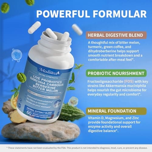 Gut Health Supplement w/Berberine,Garcinia Cambogia,Bitter Melon,Green Coffee, Probiotics, Prebiotics -Supports Digestion, Detox, Energy & Immune Health for Women & Men, 60 Vegan Capsules - Thumbnail 3