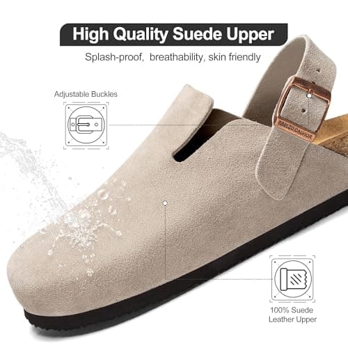 Brelzo Calvior Womens Suede Clogs Mens Leather Mules Arch Support Potato Shoes Slip On Slipper Sandals with Adjustable Buckle for Outdoor Use, Tan Size 10 - Thumbnail 3