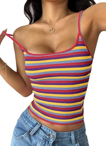 PRETTYGARDEN Women Summer Crop Tops Sleeveless Spaghetti Strap Tank Striped Cami Knit Y2K Clothes Slim Fit Spring Shirts(Red Yellow,Small) - Image 1